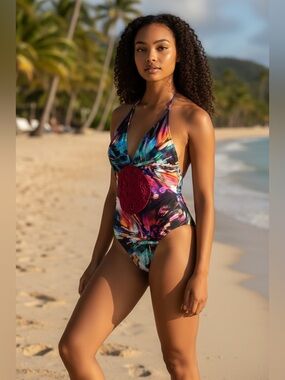 Unique Multicolor Halter One-Piece Swimsuit with Pink Crochet Accent